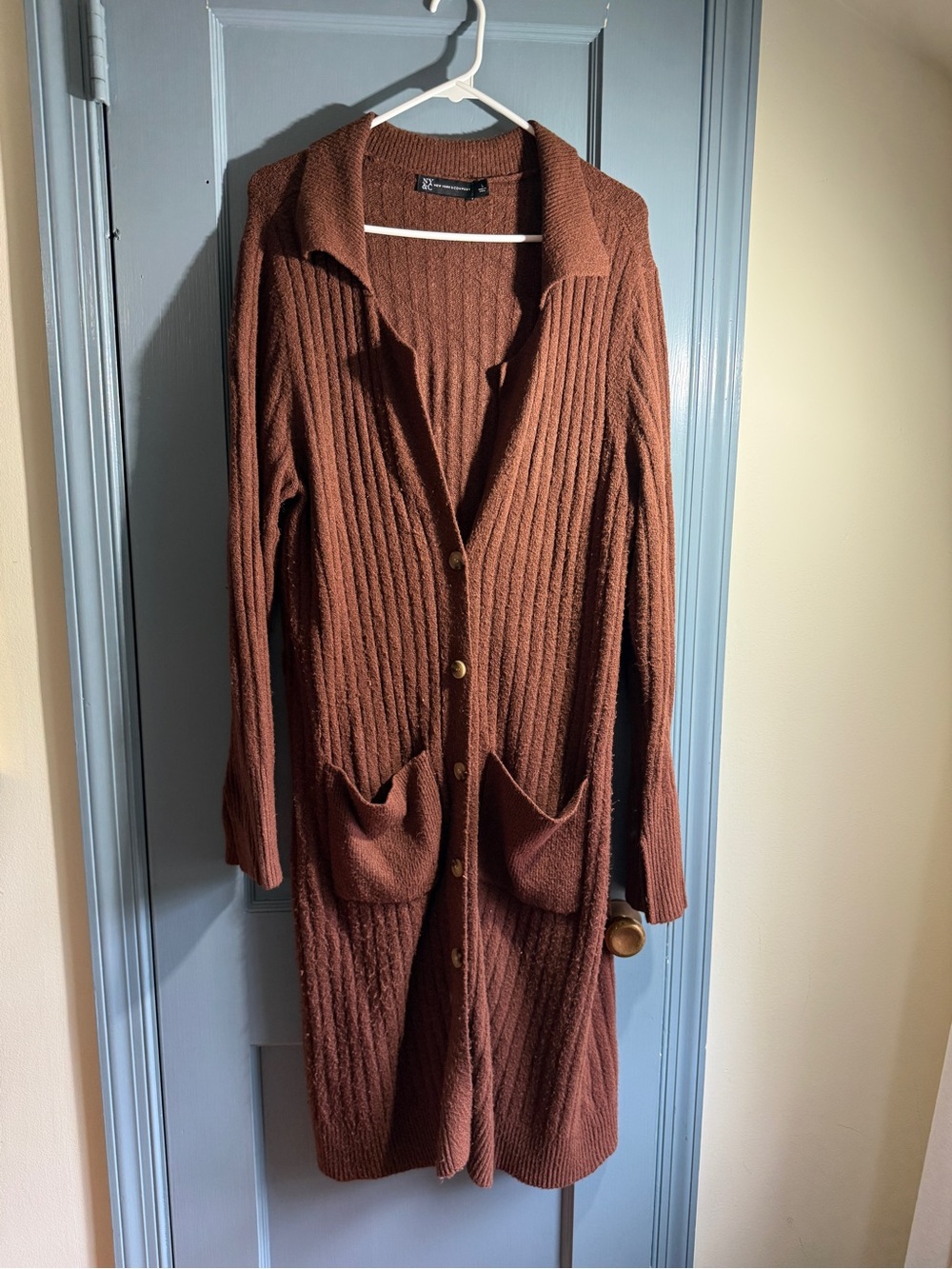 New York & Company Long Ribbed Button-Front Cardigan - Rust